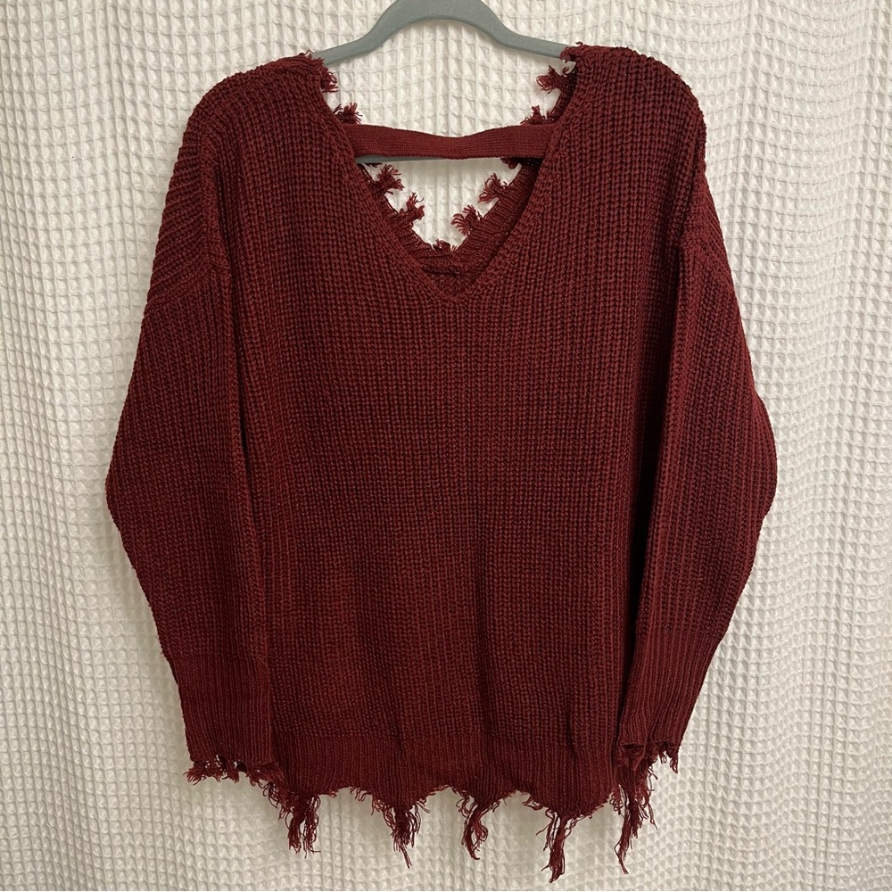 Rue21 Maroon V-Neck Distressed Sweater - Picture 2 of 5